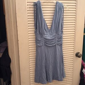 NWT Free People Sweet Summer Mini Dress Faded Denim ruche tie up waist skater